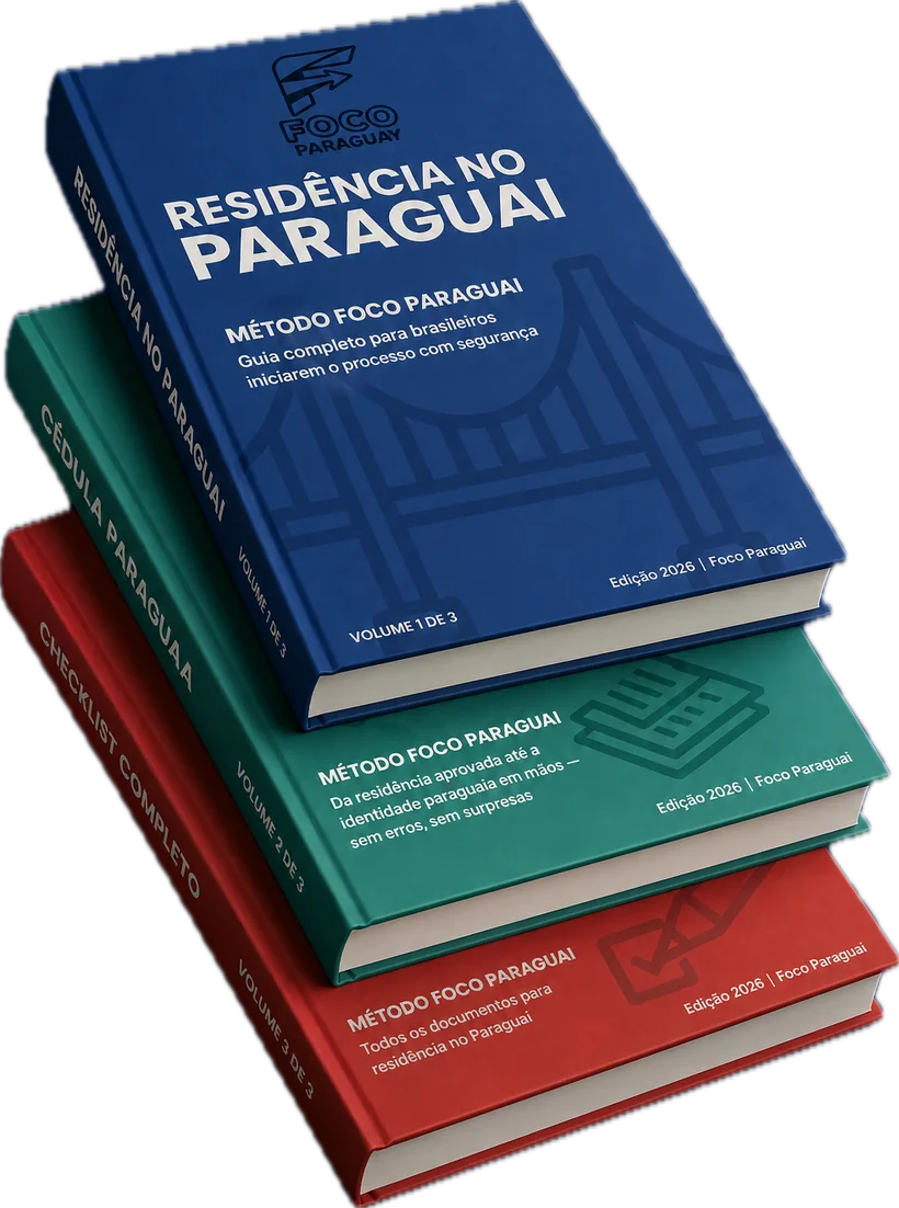 Os três volumes do Método Foco Paraguay: Residência no Paraguai, Cédula Paraguaia e Checklist Completo